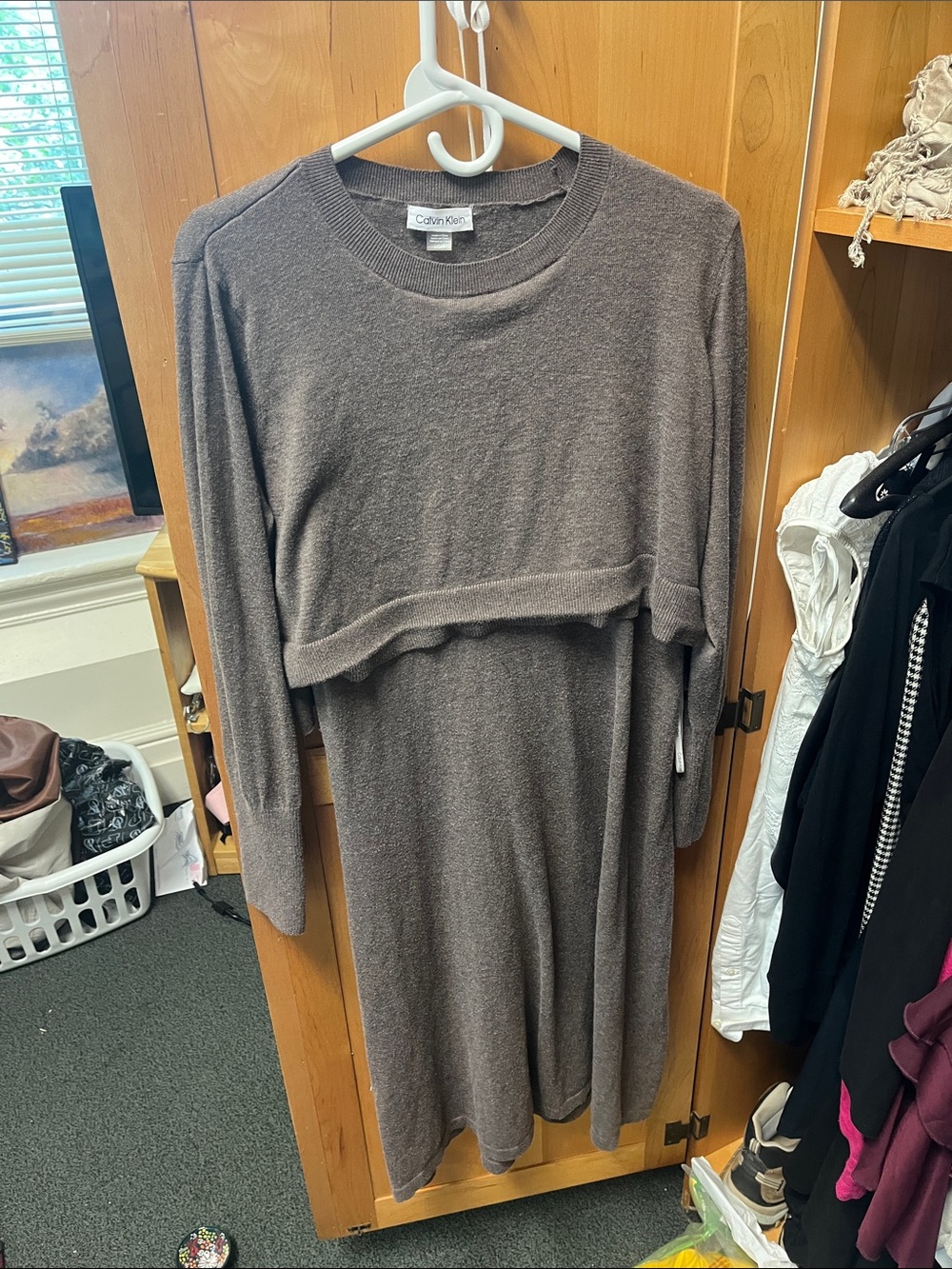 Calvin Klein Brown-Taupe Knit Long-Sleeve Midi Dress